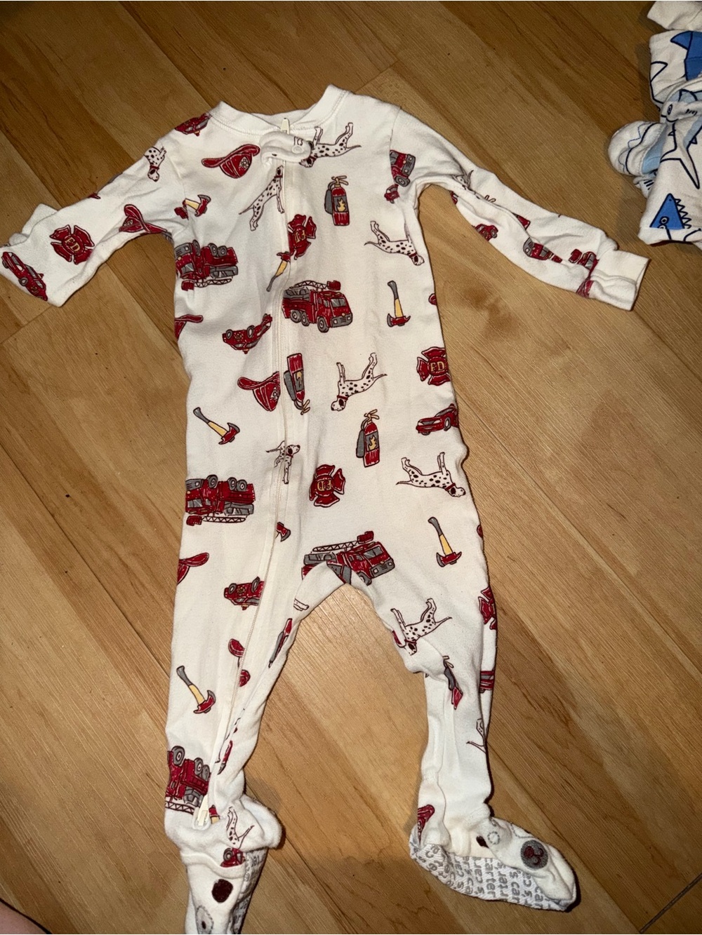 Carter's Cream Footed Pajamas with Red Firetruck Print